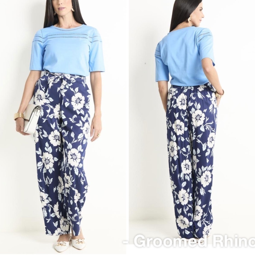Talbots Floral Stretch Wide Leg Pull On Pants Size L